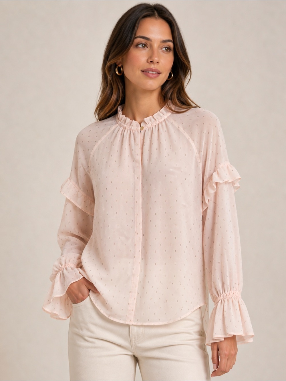 LOFT Blush Pink Ruffle Neck Swiss Dot Blouse Size-Small Romantic Feminine